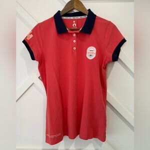 Olympics 2024 Polo Shirt Coral Pink With Navy Collar Size XL
